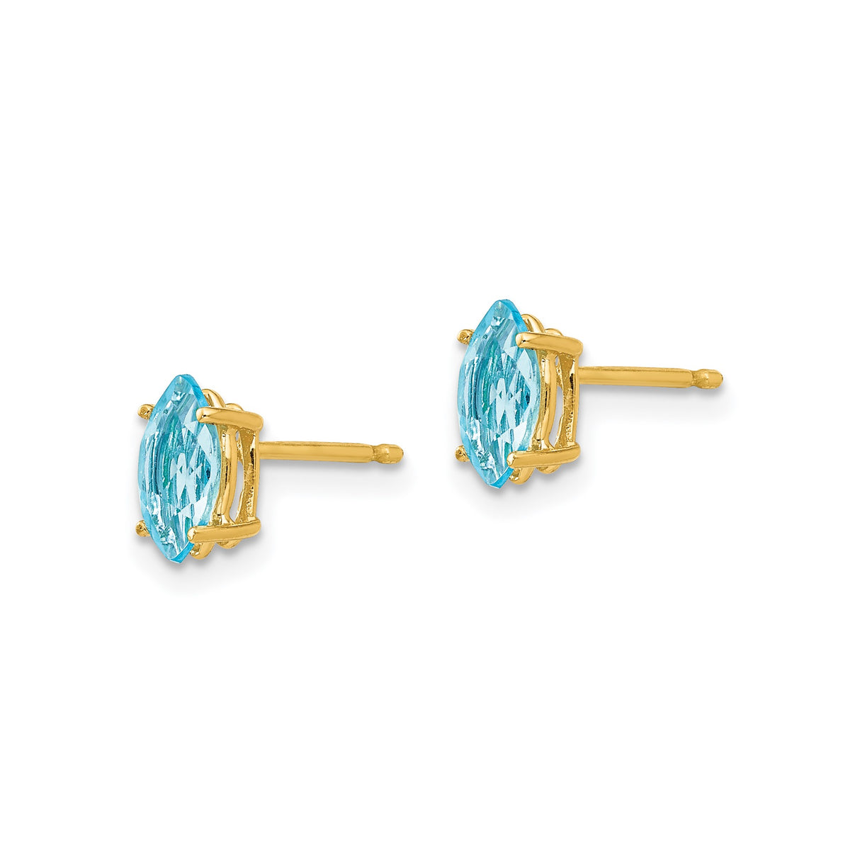 14k Yellow Gold Stud Earrings with Marquise Swiss Blue Topaz, Minimalist Design for Women
