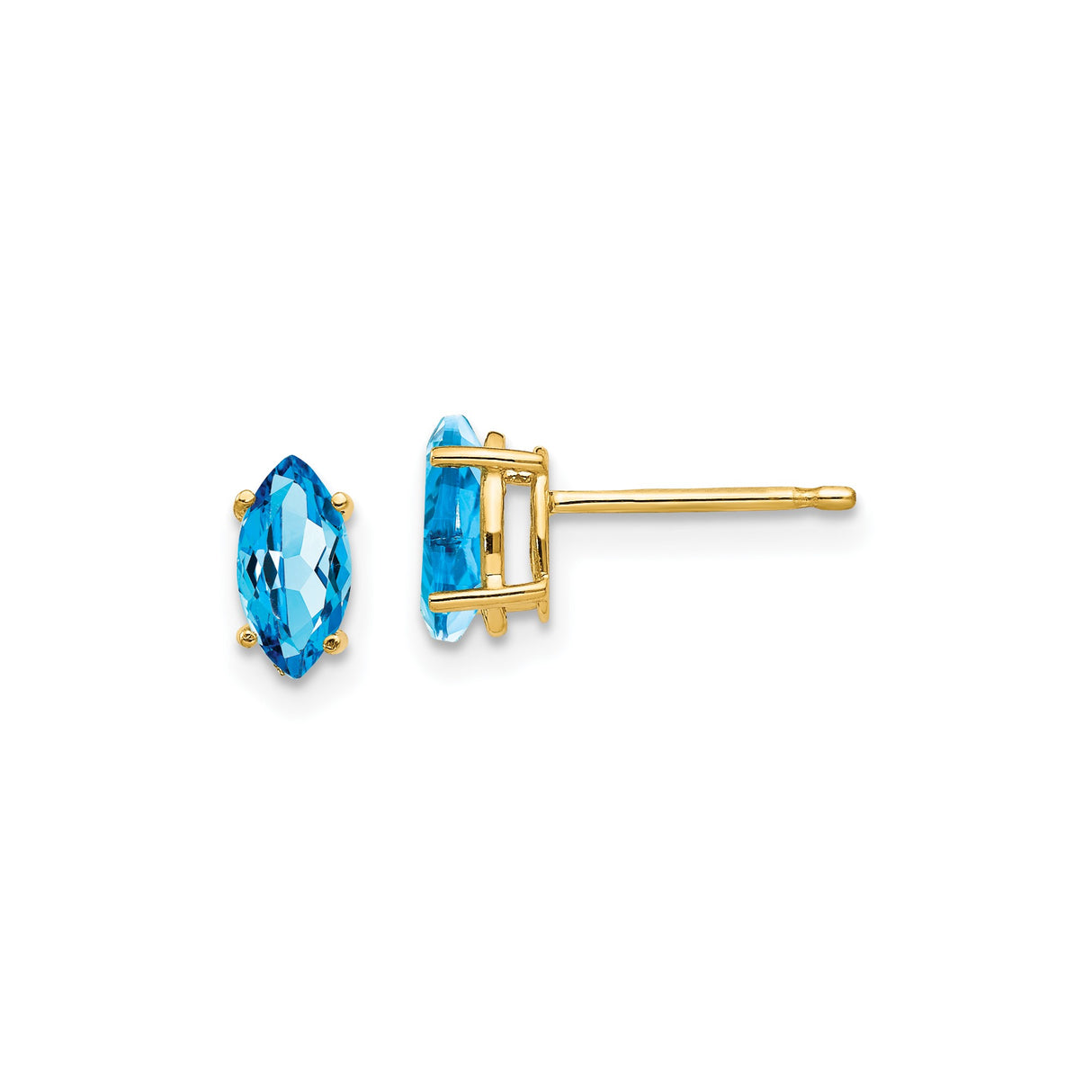 14k Yellow Gold Stud Earrings with Marquise Swiss Blue Topaz, Minimalist Design for Women