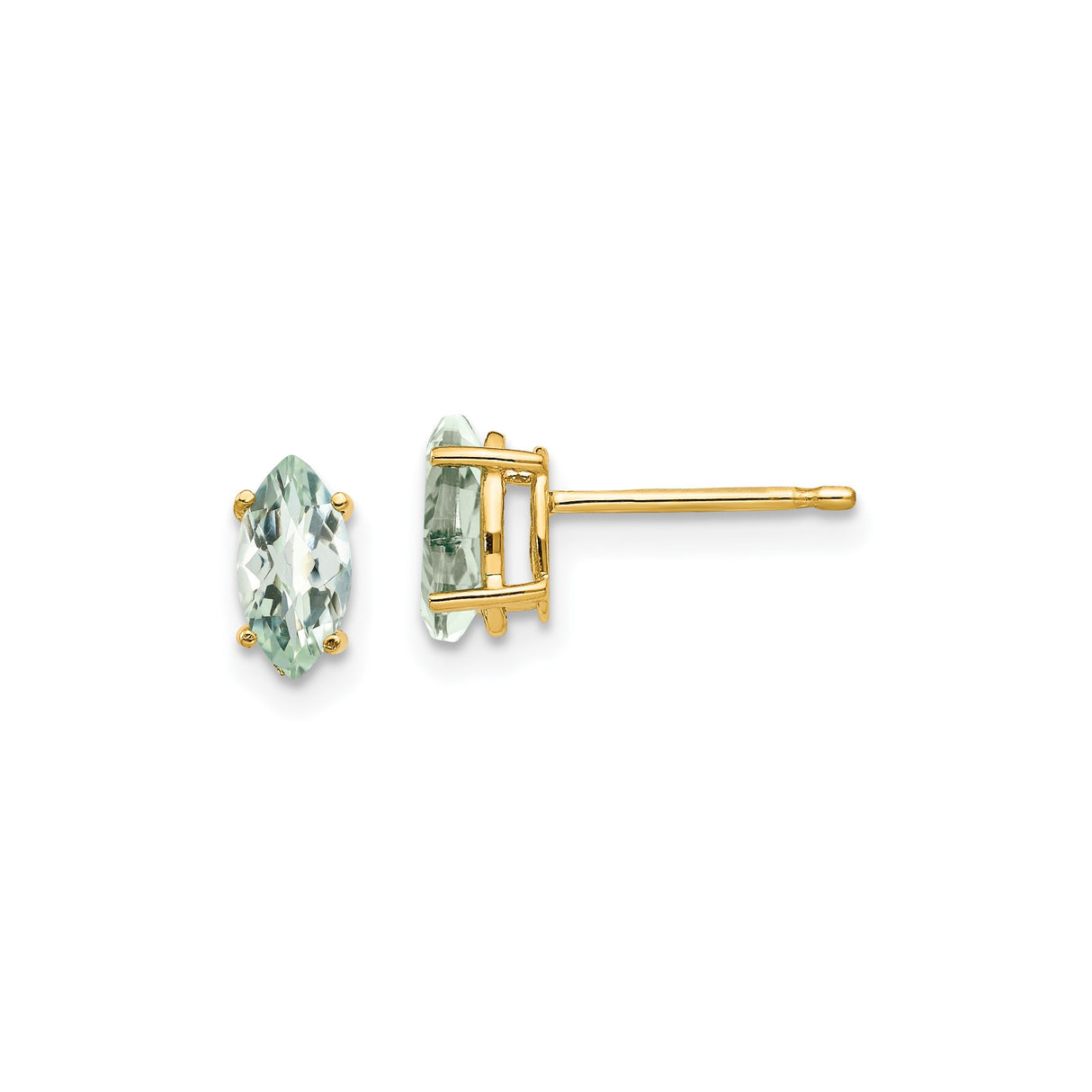 14k Yellow Gold Stud Earrings with Marquise Cut Green Amethyst, Minimalist Style for Women