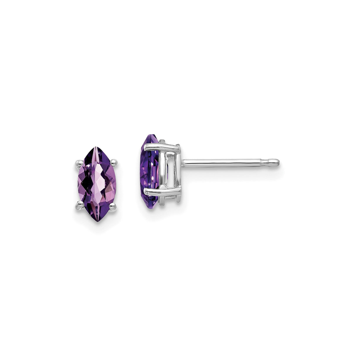 14k White Gold Amethyst Stud Earrings, Marquise Cut, Minimalist Design for Women