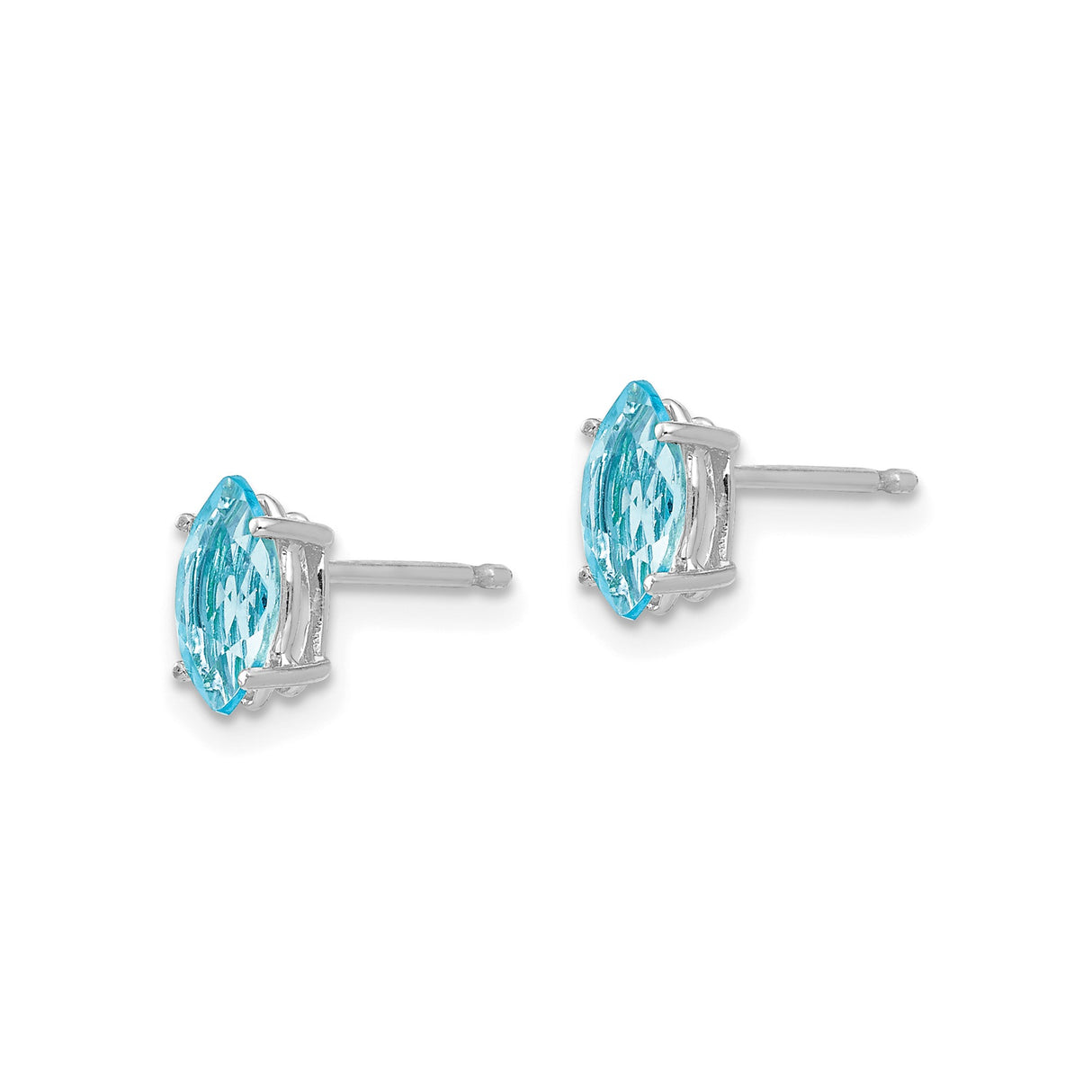 14k White Gold Stud Earrings with Marquise Swiss Blue Topaz, Minimalist December Birthstone Jewelry