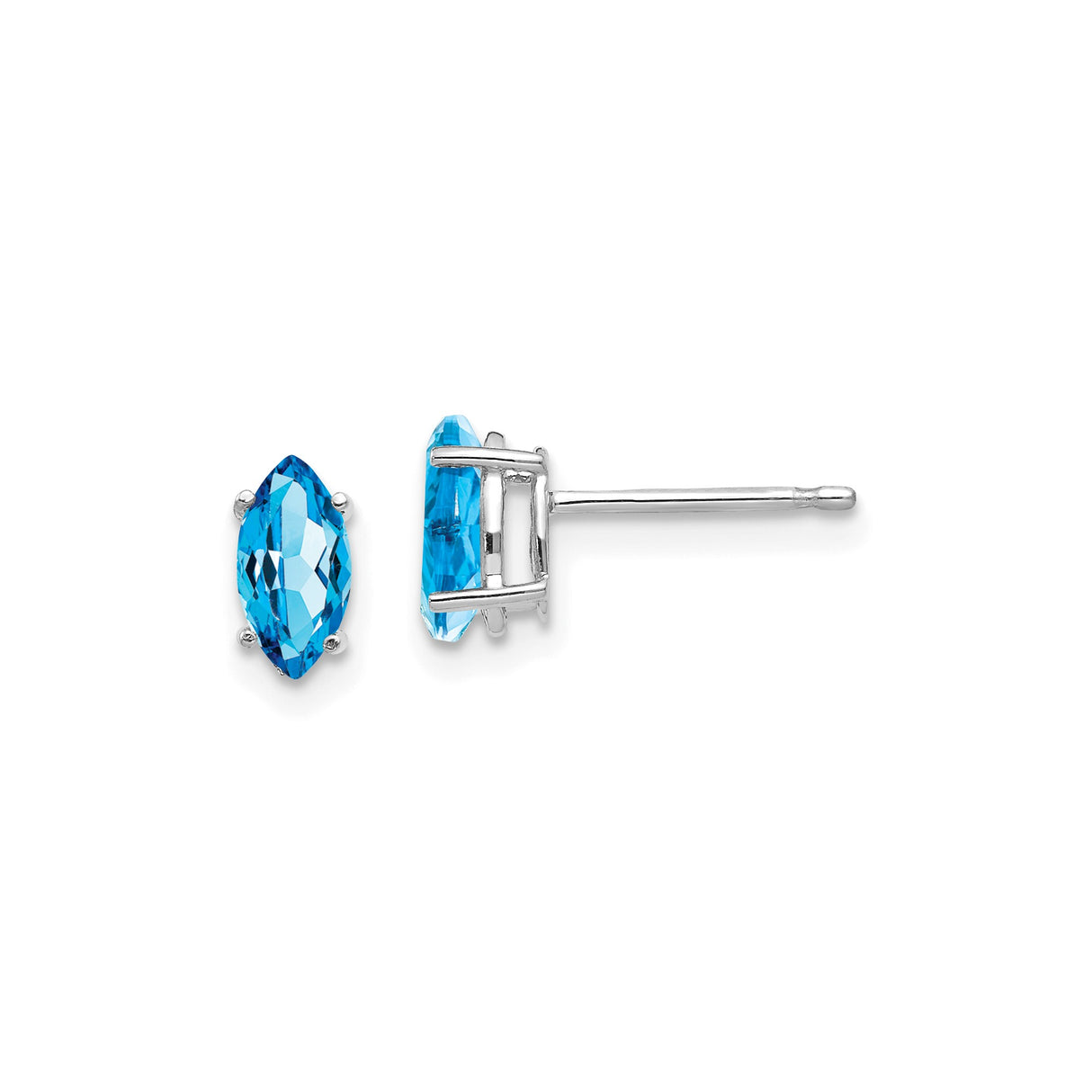 14k White Gold Stud Earrings with Marquise Swiss Blue Topaz, Minimalist December Birthstone Jewelry