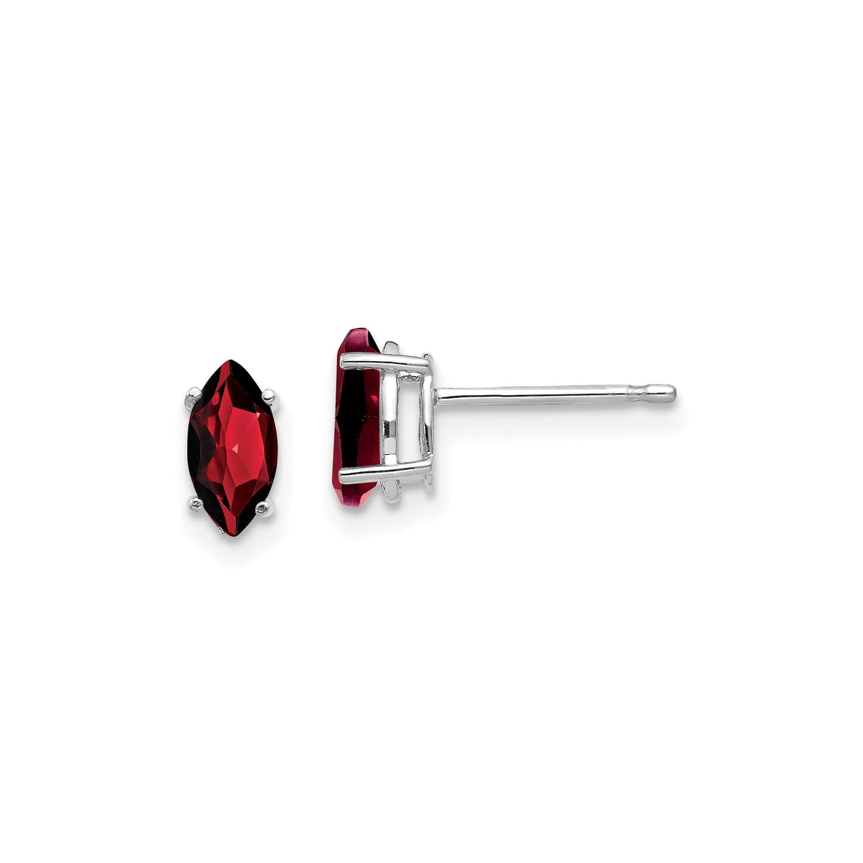 14k White Gold Marquise Garnet Stud Earrings, Four Prong Setting, January Birthstone Jewelry