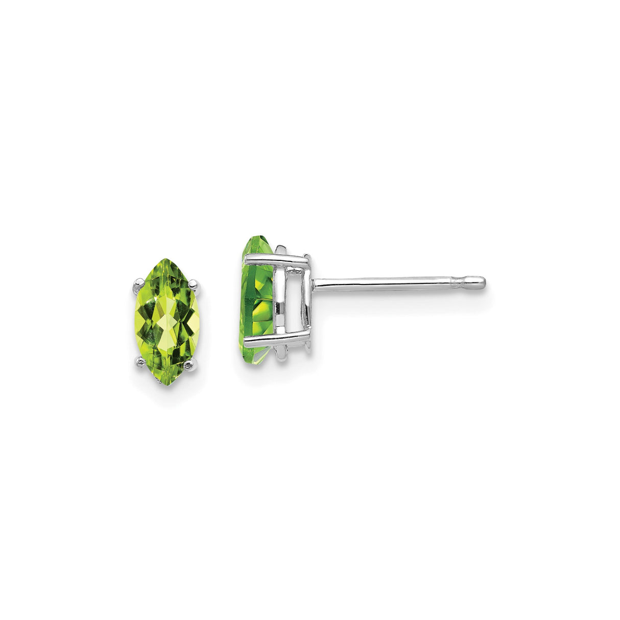 14k White Gold Peridot Stud Earrings, Marquise Cut Minimalist August Birthstone Jewelry
