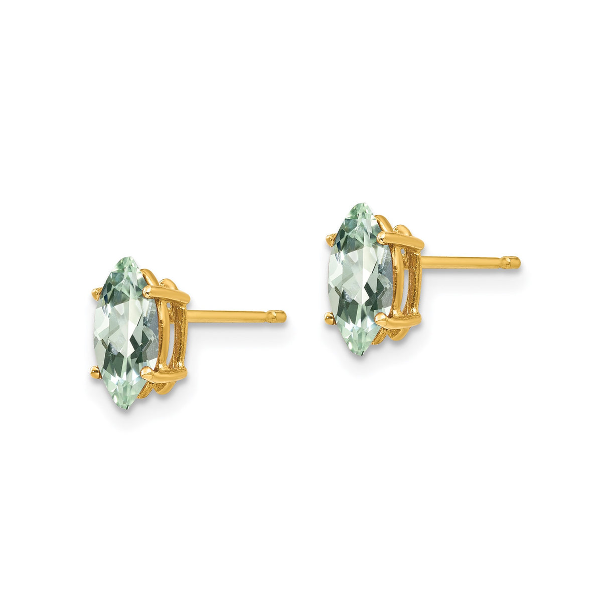 14k Yellow Gold Stud Earrings with Marquise Cut Green Amethyst, Dainty Minimalist Design