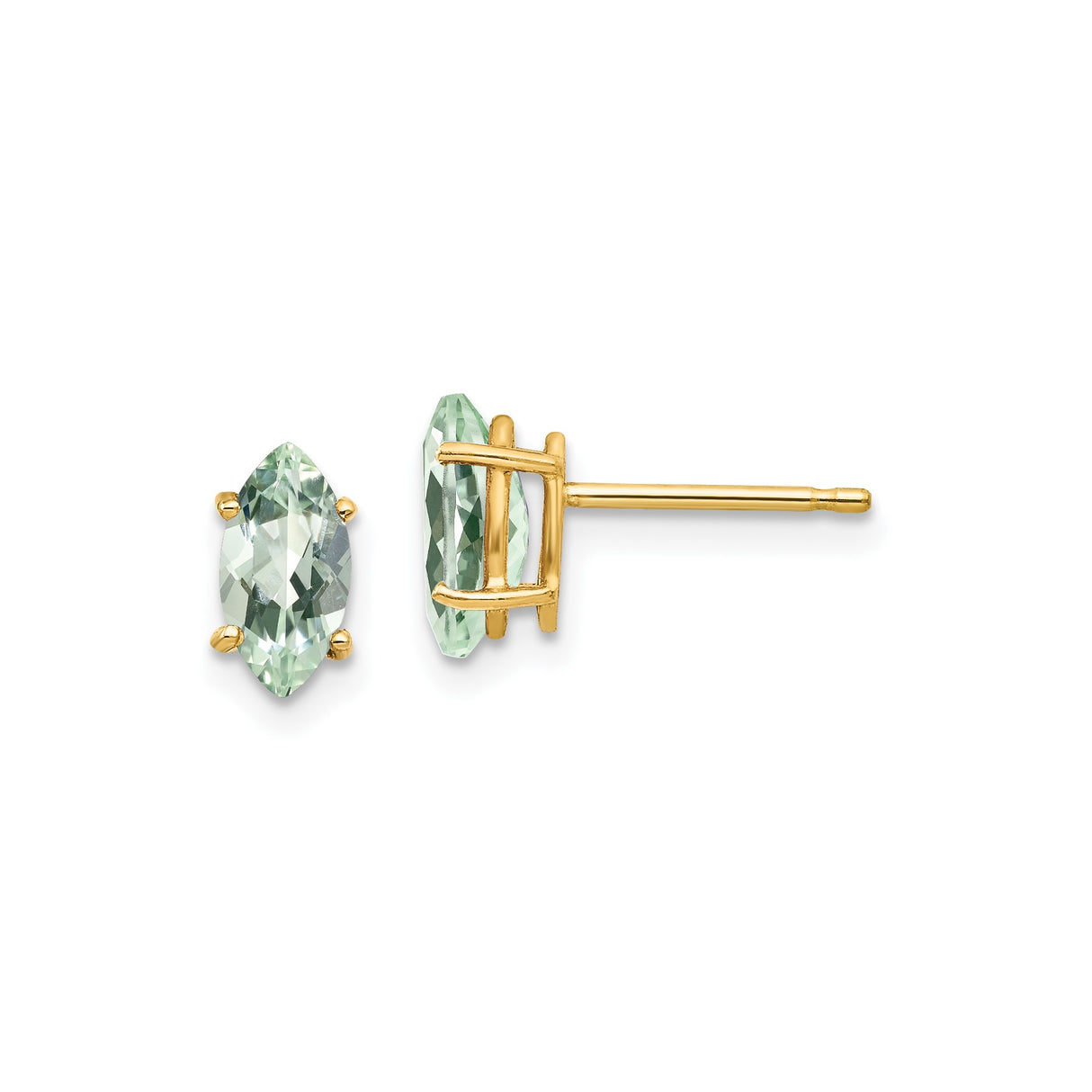 14k Yellow Gold Stud Earrings with Marquise Cut Green Amethyst, Dainty Minimalist Design