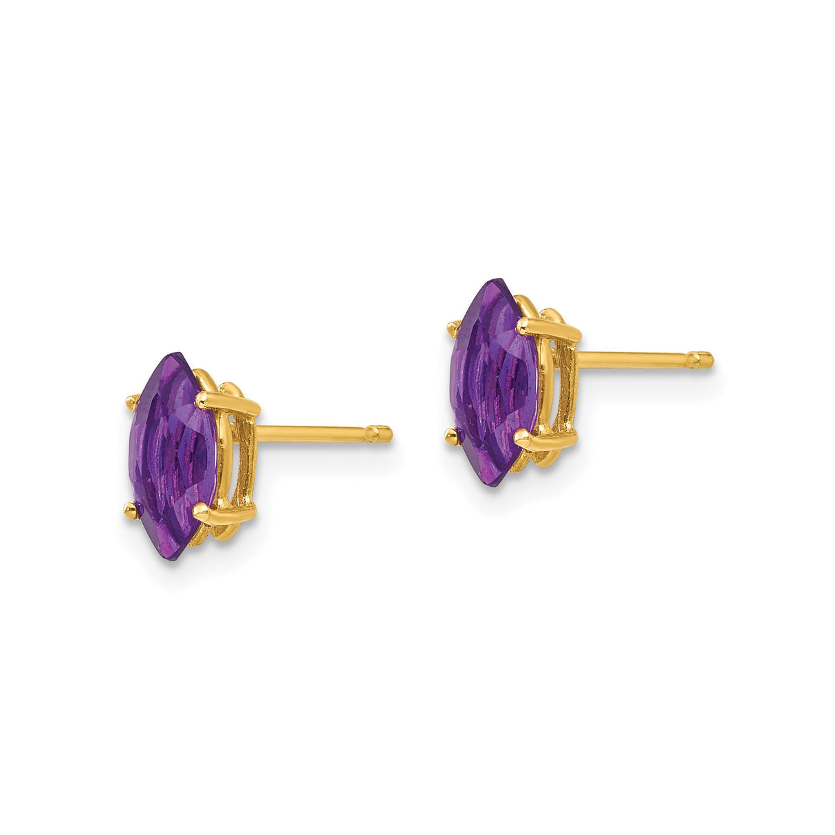 14k Yellow Gold Marquise Amethyst Stud Earrings, Four Prong Setting, February Birthstone
