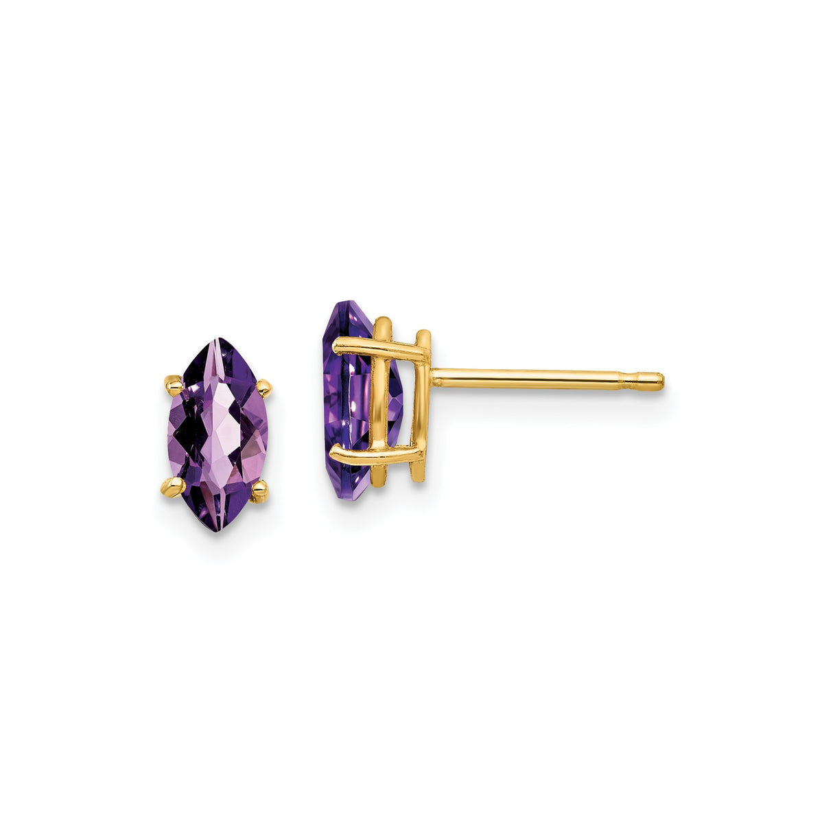 14k Yellow Gold Marquise Amethyst Stud Earrings, Four Prong Setting, February Birthstone