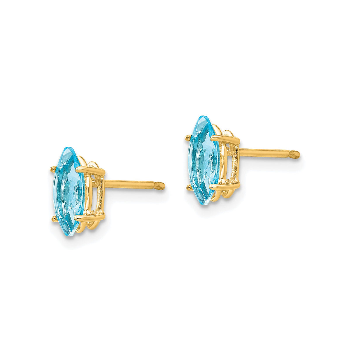 14k Yellow Gold Blue Topaz Stud Earrings, Marquise Cut, Prong Set, Minimalist Style