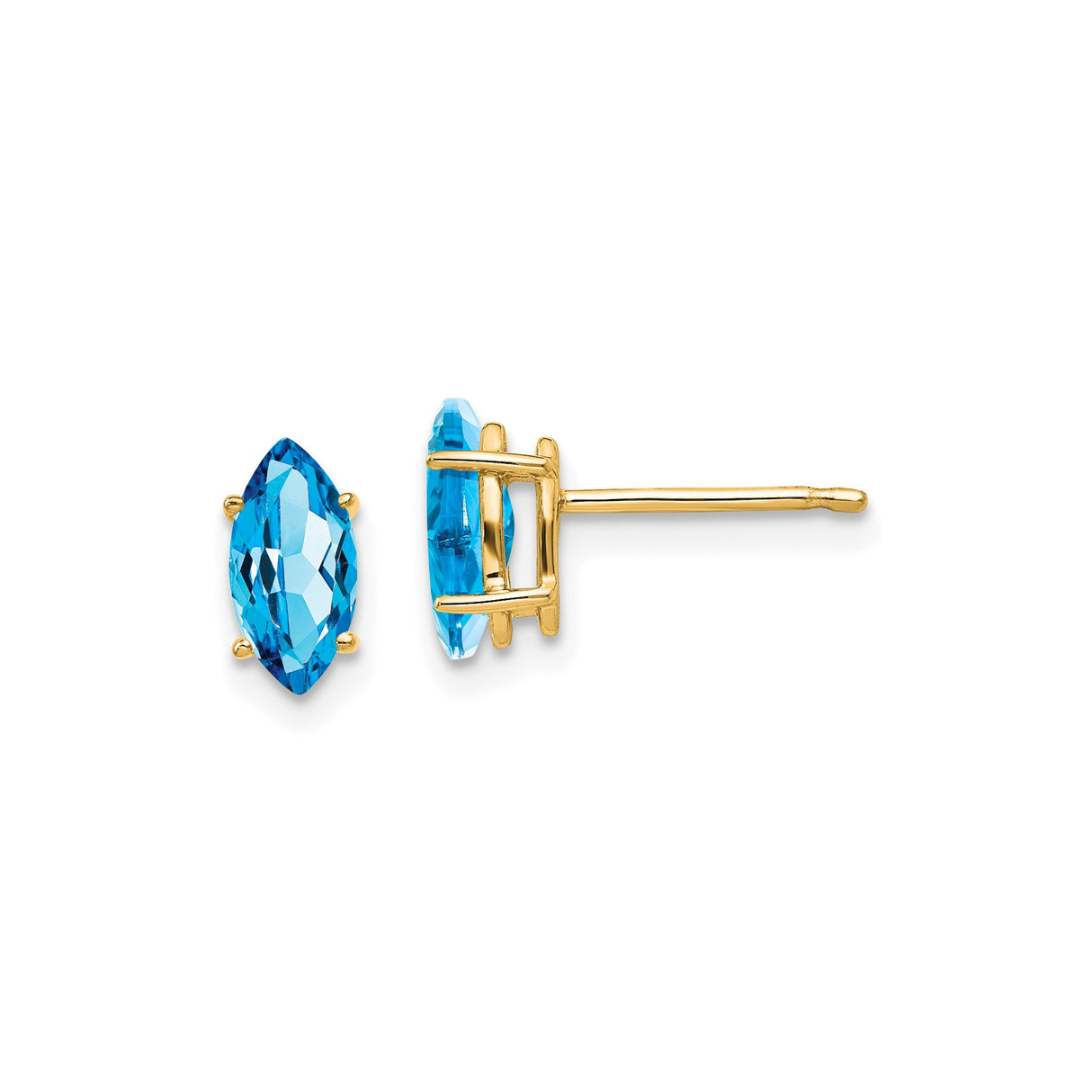 14k Yellow Gold Blue Topaz Stud Earrings, Marquise Cut, Prong Set, Minimalist Style