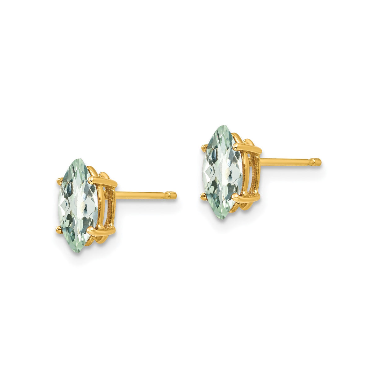 14k Yellow Gold Stud Earrings with Marquise Cut Green Amethyst, Minimalist Prong Set Design