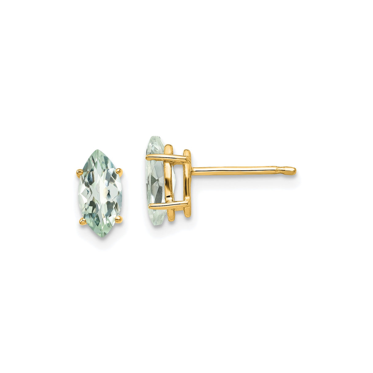 14k Yellow Gold Stud Earrings with Marquise Cut Green Amethyst, Minimalist Prong Set Design