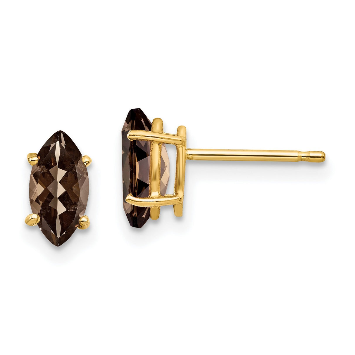 14k Yellow Gold Marquise Smoky Quartz Stud Earrings, Classic Four-Prong Setting