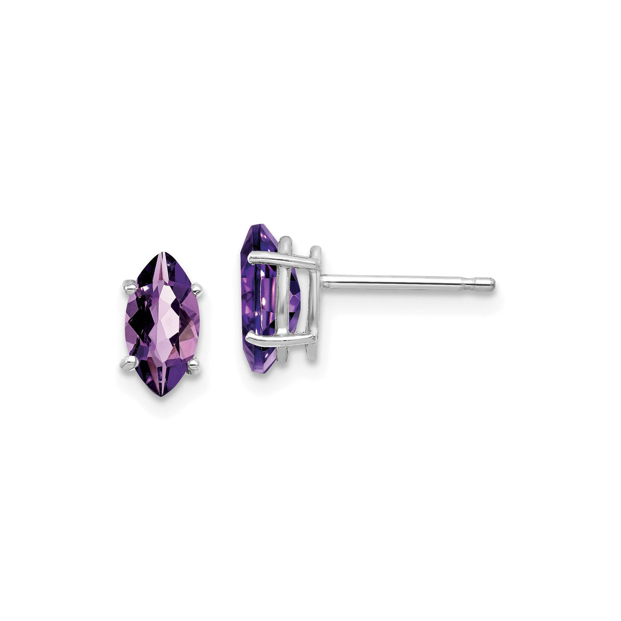 14k White Gold Amethyst Stud Earrings, Marquise Cut Purple Gemstone, Classic Four-Prong Setting