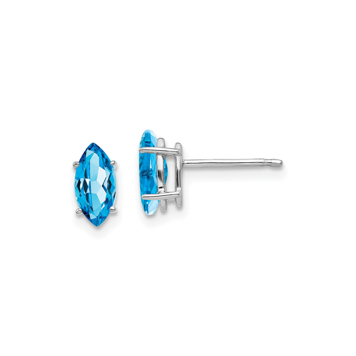 14k White Gold Stud Earrings with Marquise Swiss Blue Topaz, Minimalist Design for Women