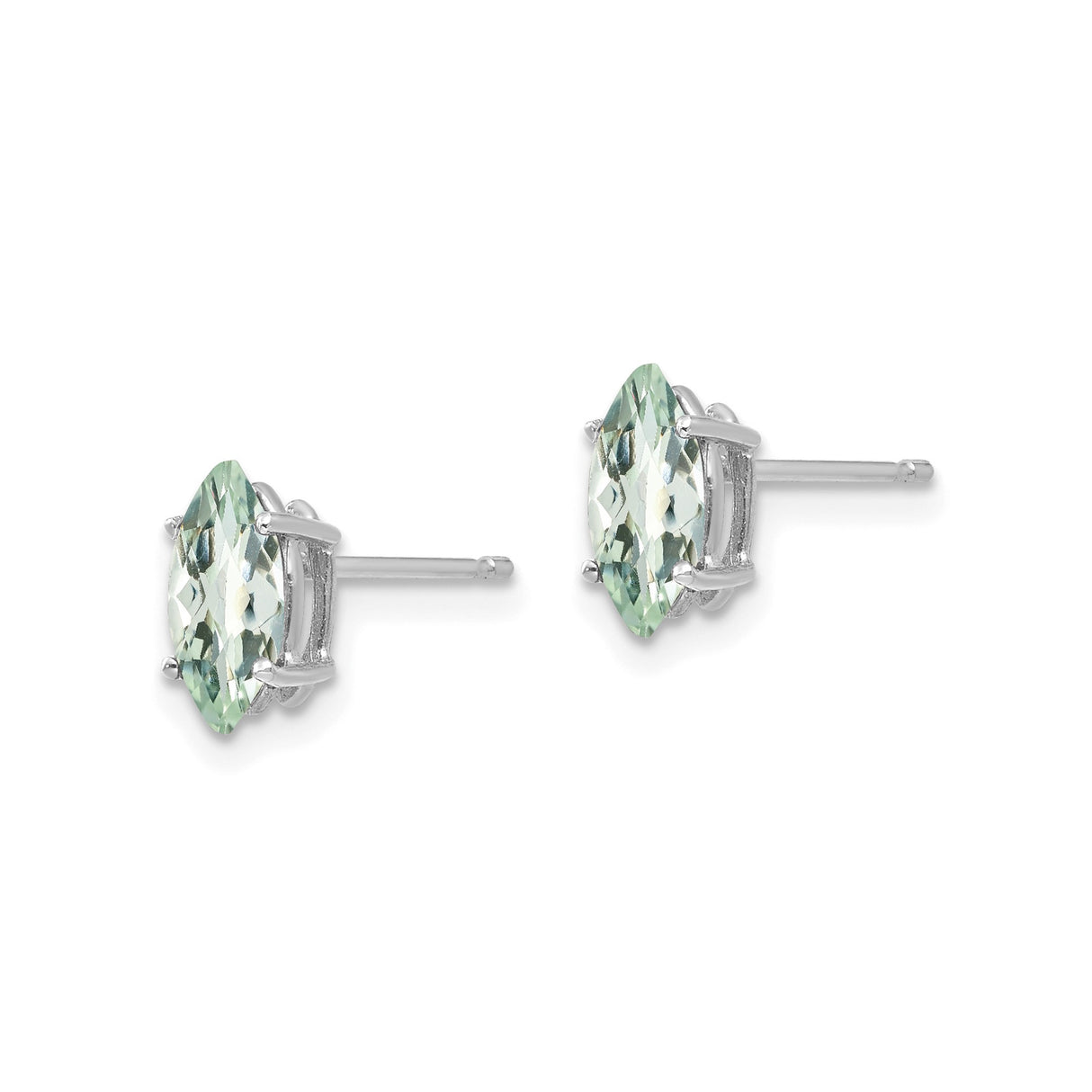 14k White Gold Stud Earrings with Marquise Cut Green Amethyst, Prong Setting, Minimalist Design