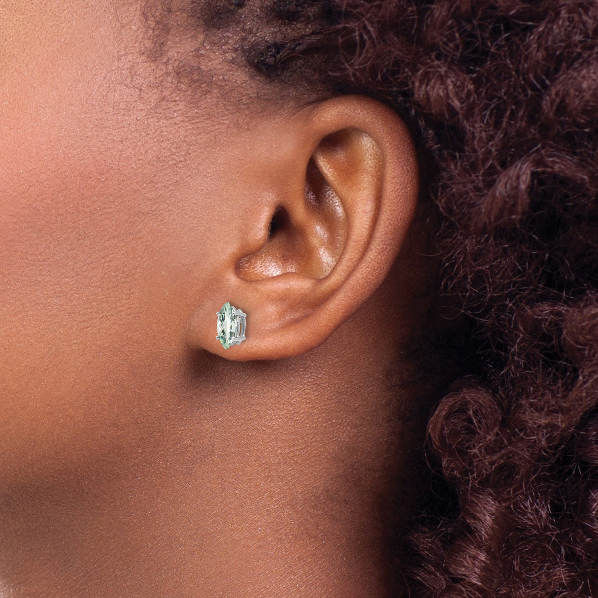 14k White Gold Stud Earrings with Marquise Cut Green Amethyst, Prong Setting, Minimalist Design