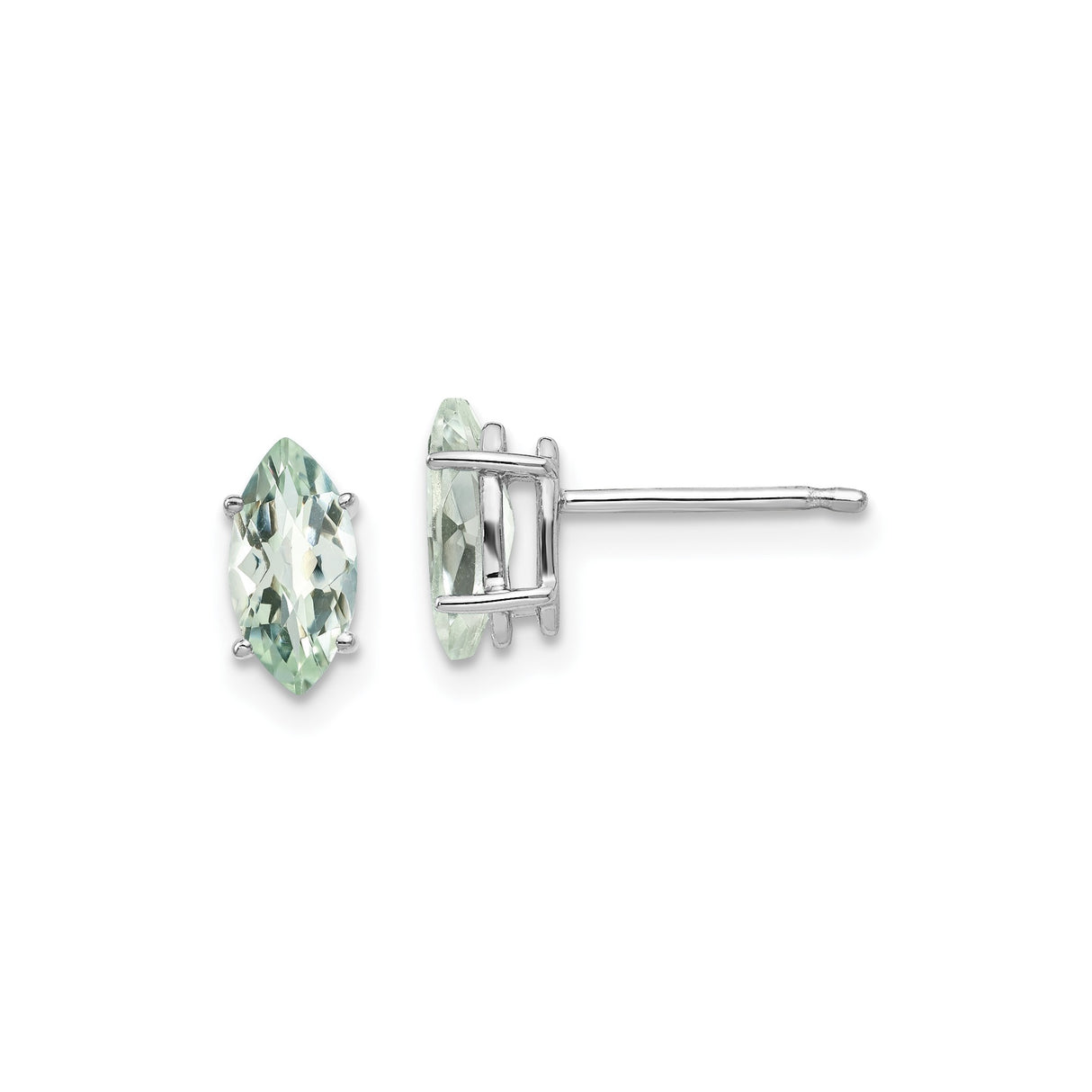 14k White Gold Stud Earrings with Marquise Cut Green Amethyst, Prong Setting, Minimalist Design