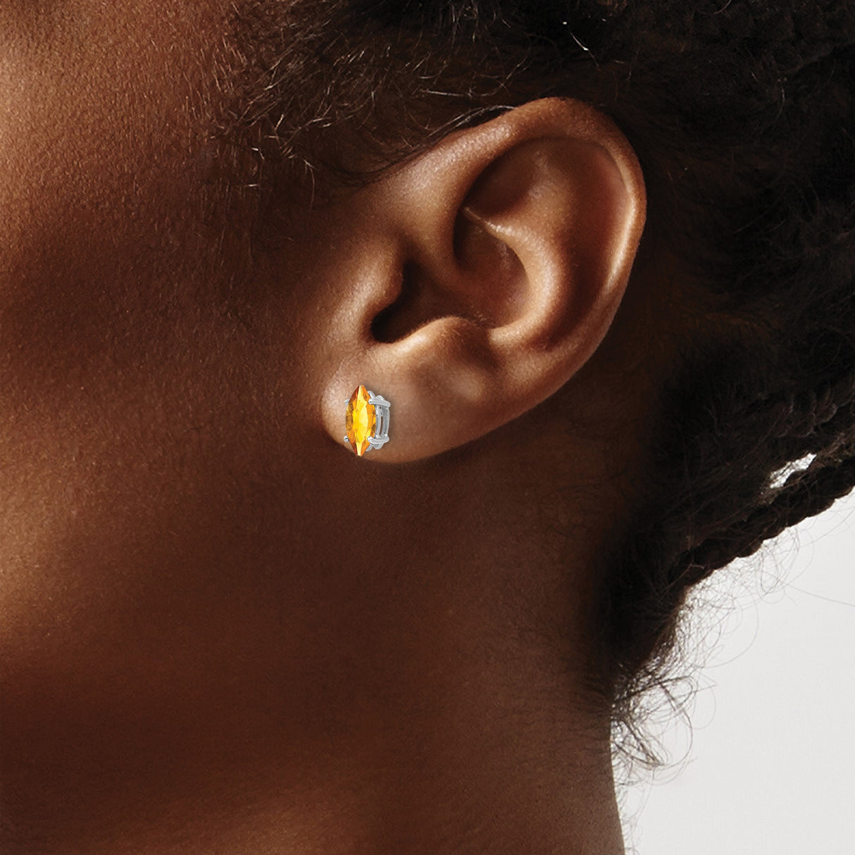 14k White Gold Citrine Stud Earrings, Marquise Cut, Sleek Prong Setting for Women