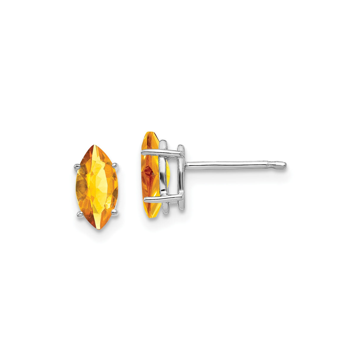 14k White Gold Citrine Stud Earrings, Marquise Cut, Sleek Prong Setting for Women