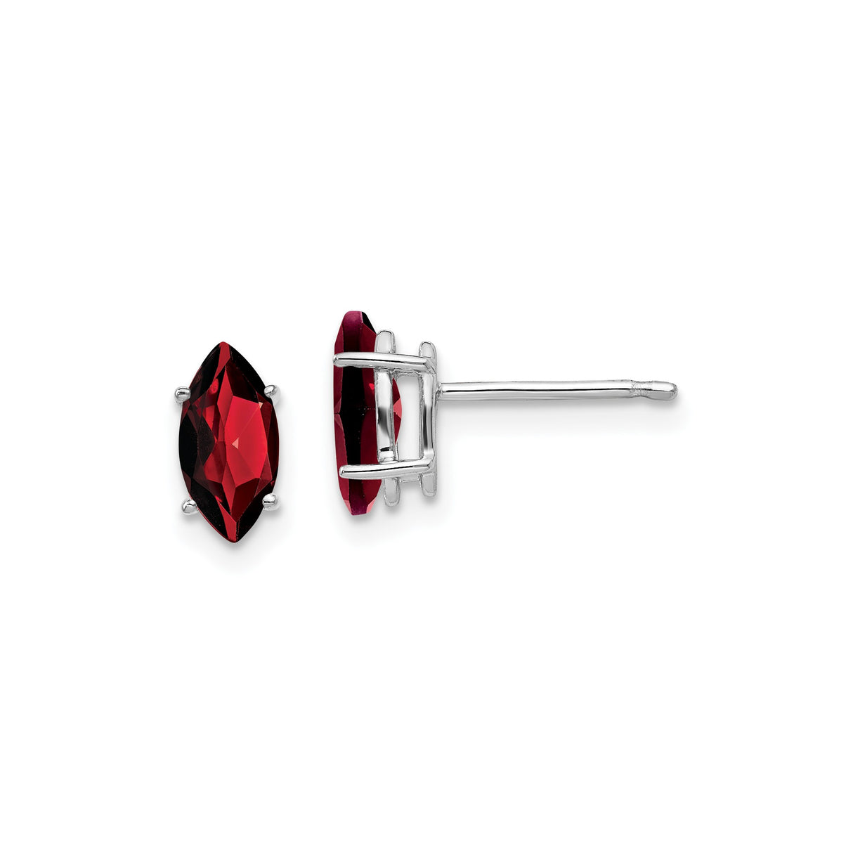 14k White Gold Garnet Stud Earrings, Marquise Cut, Classic Four-Prong Setting for Women