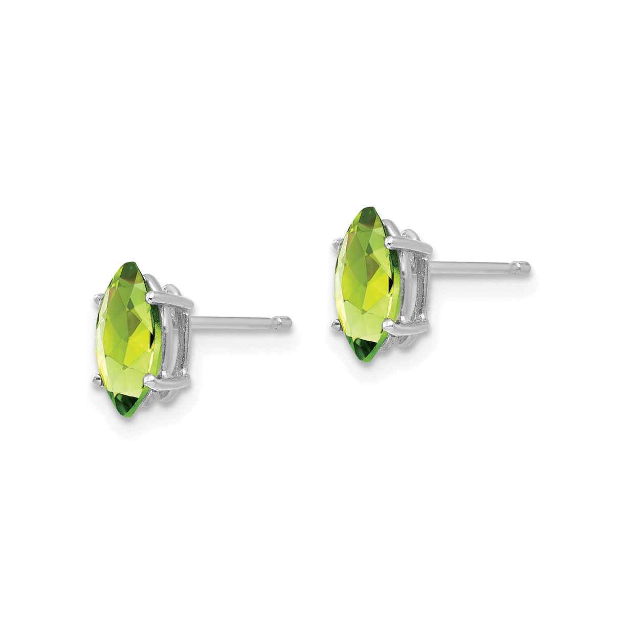 14k White Gold Peridot Stud Earrings, Marquise Cut Four Prong Setting, August Birthstone