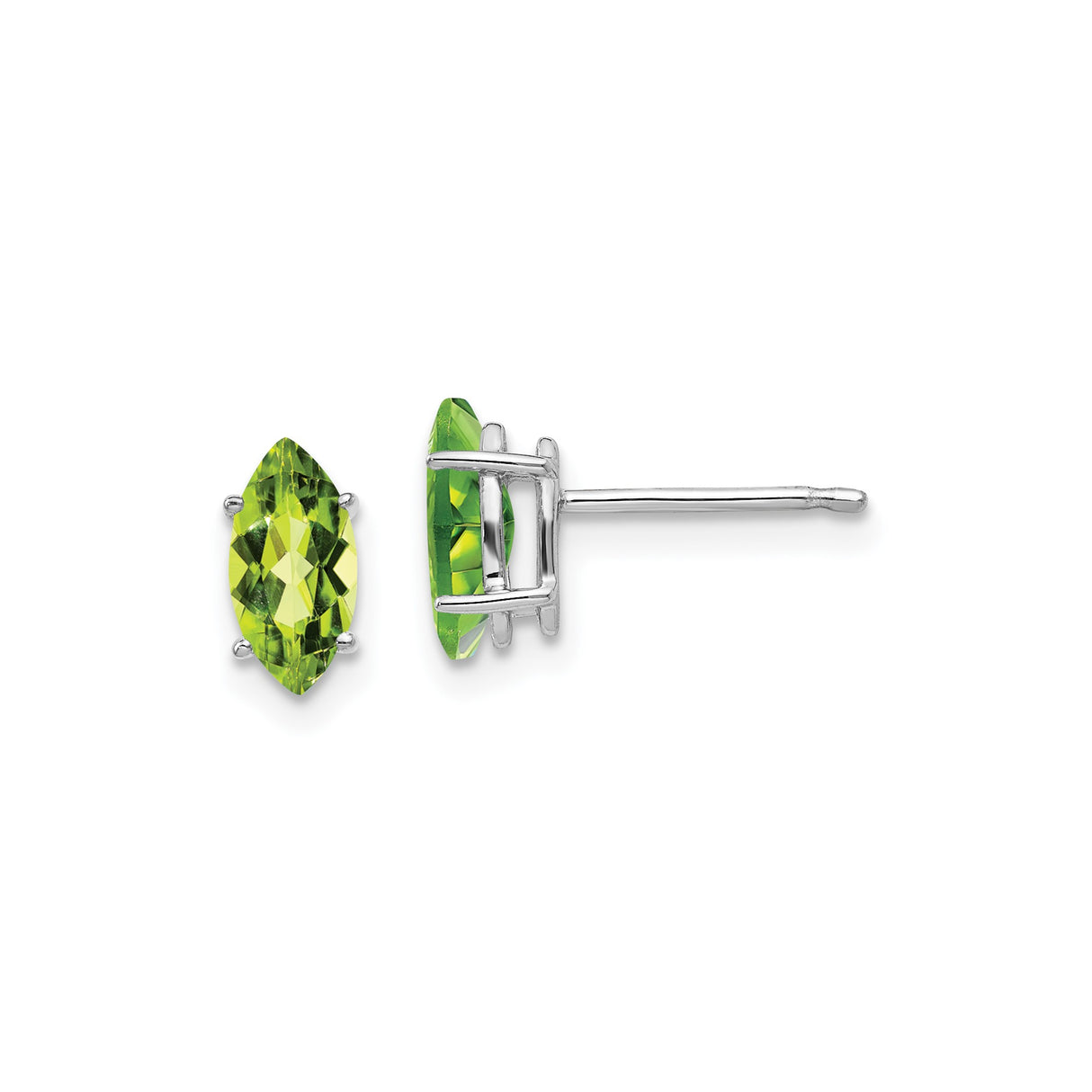 14k White Gold Peridot Stud Earrings, Marquise Cut Four Prong Setting, August Birthstone