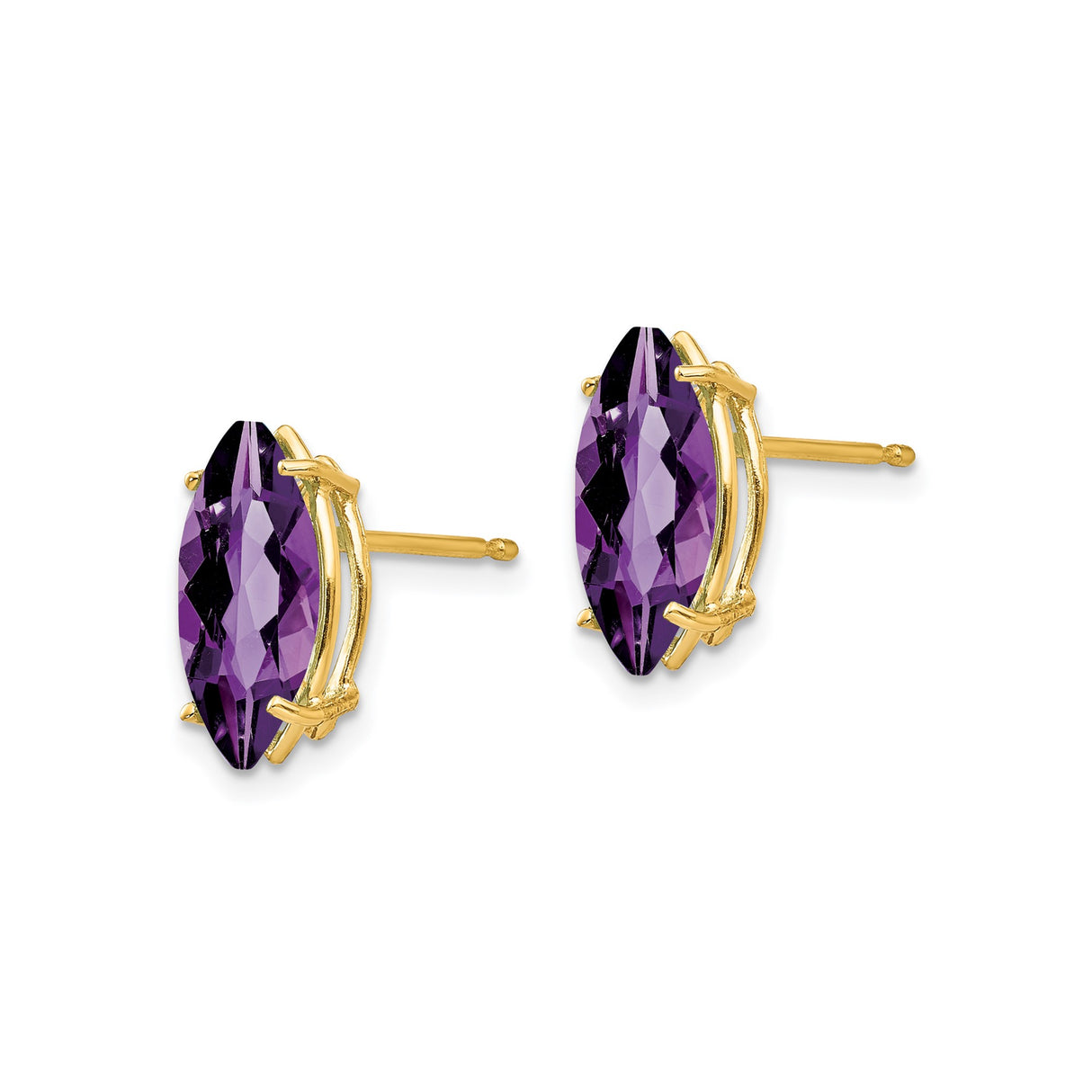 14k Yellow Gold Amethyst Stud Earrings, Marquise Cut Prong Set Purple Gemstone