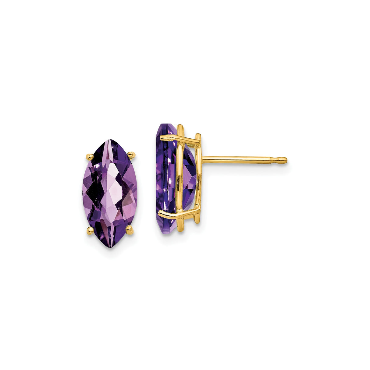 14k Yellow Gold Amethyst Stud Earrings, Marquise Cut Prong Set Purple Gemstone