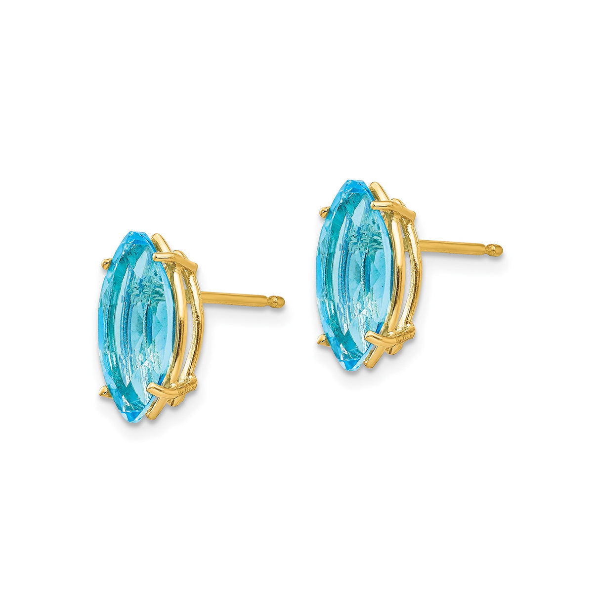 14k Yellow Gold Stud Earrings with Marquise Swiss Blue Topaz, Four Prong Setting for Women