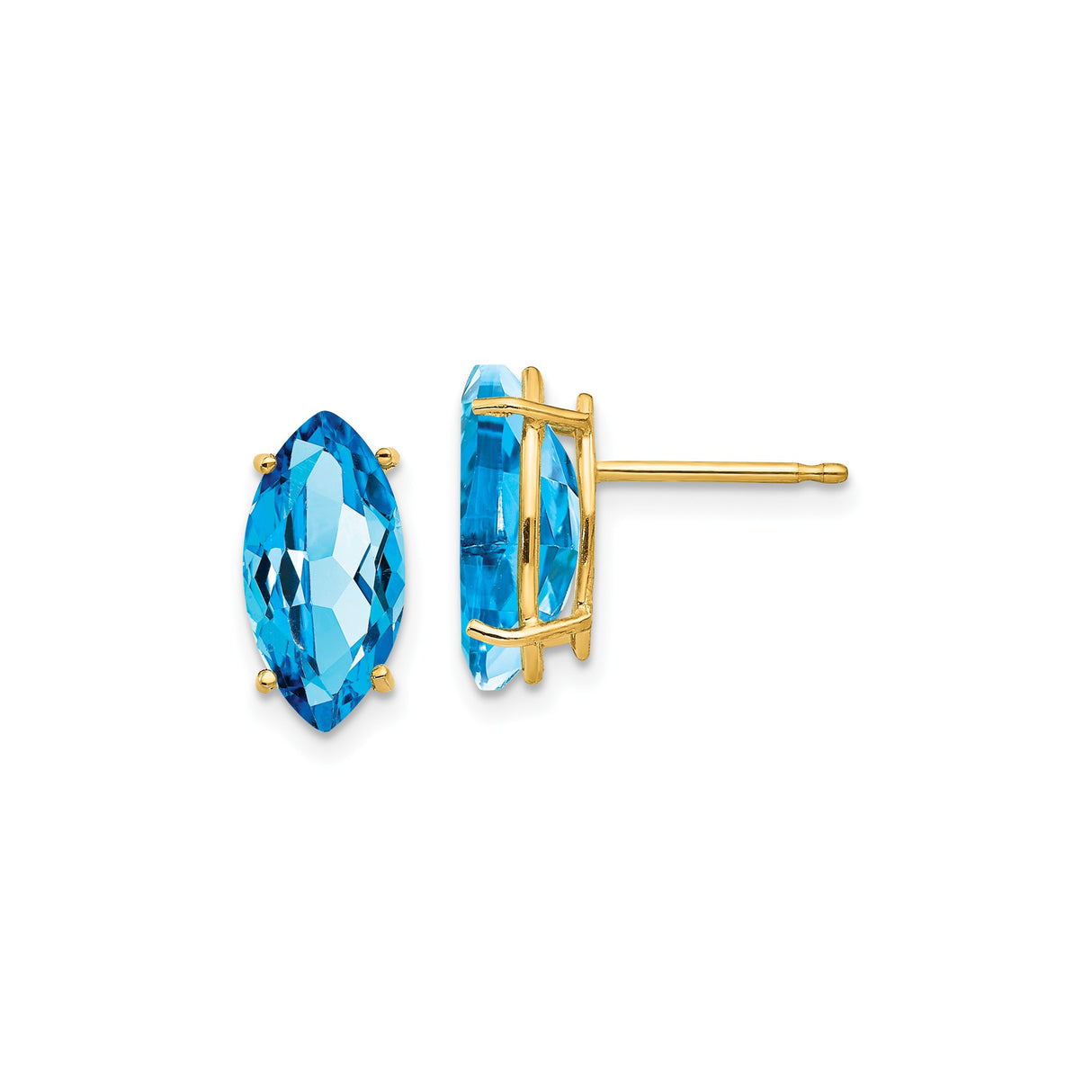 14k Yellow Gold Stud Earrings with Marquise Swiss Blue Topaz, Four Prong Setting for Women