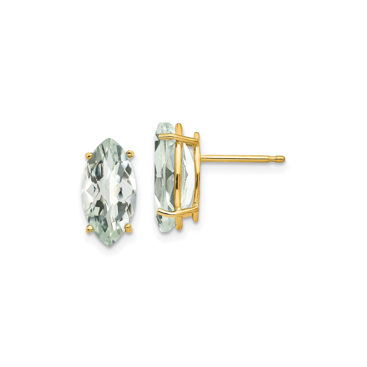 14k Yellow Gold Marquise Cut Green Amethyst Stud Earrings, Prong Set Gemstone Studs