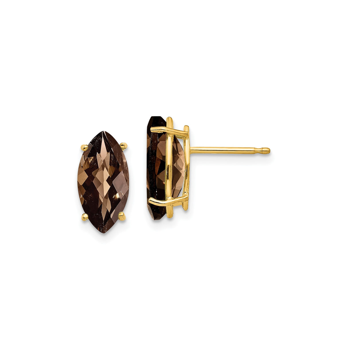 14k Yellow Gold Stud Earrings with Marquise Cut Smoky Quartz, Classic Fall Jewelry for Women