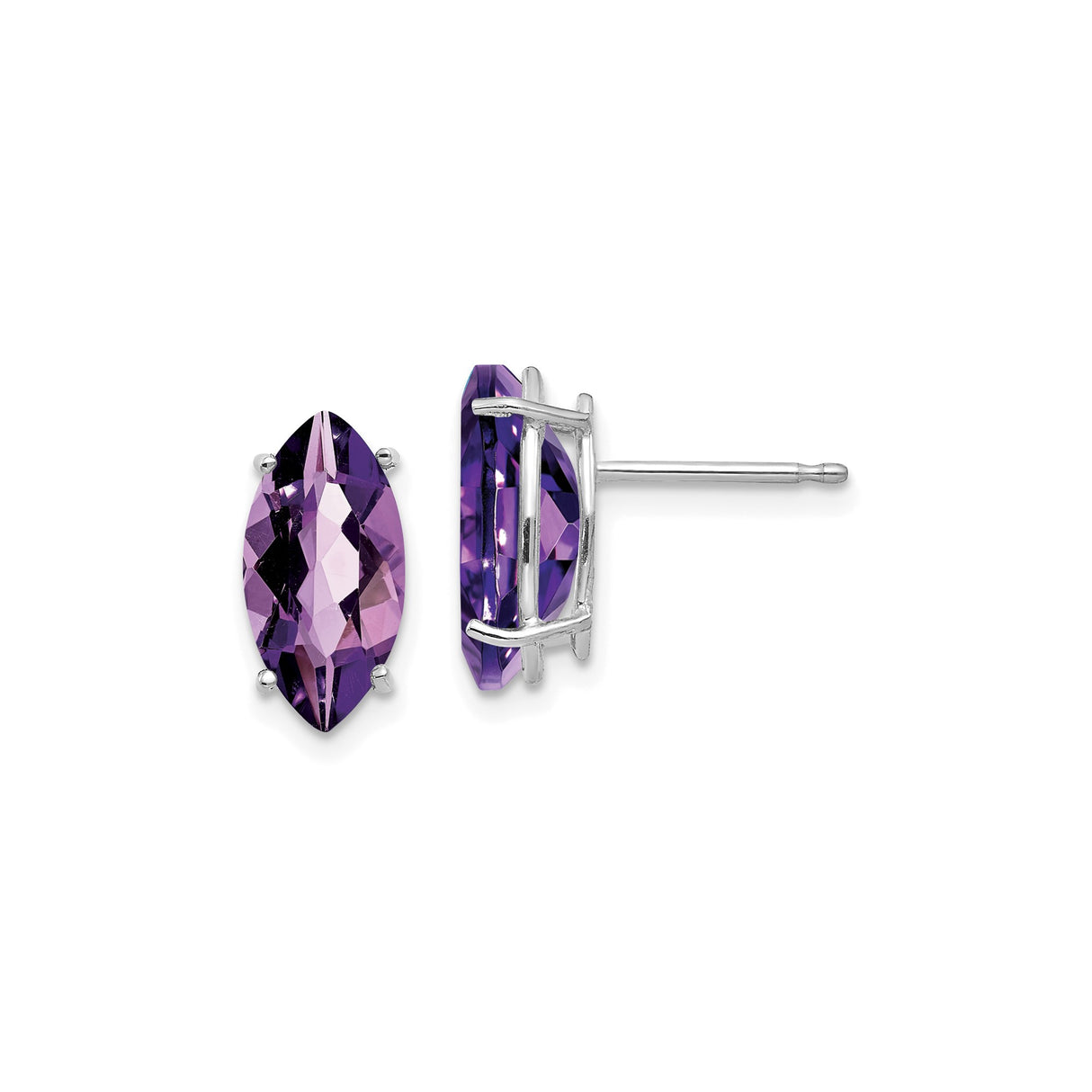 14k White Gold Marquise Amethyst Stud Earrings, Prong Set February Birthstone Jewelry
