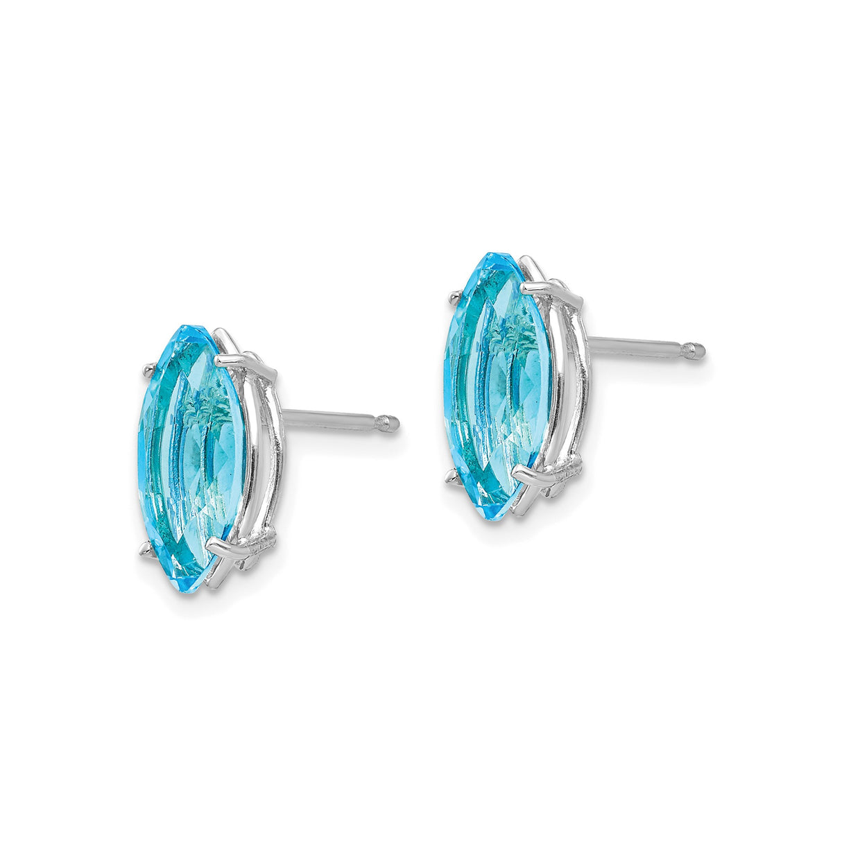 14k White Gold Blue Topaz Stud Earrings, Marquise Cut Gemstone, Prong Set Minimalist Style