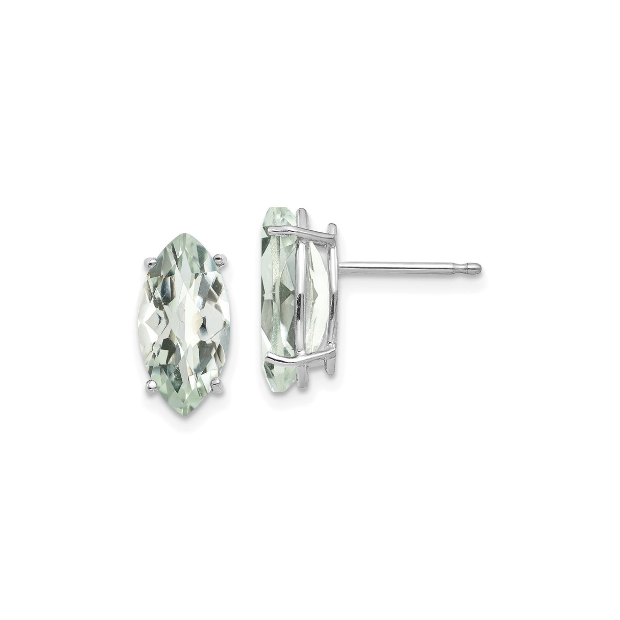 14k White Gold Marquise Cut Green Amethyst Stud Earrings, Minimalist Modern Design