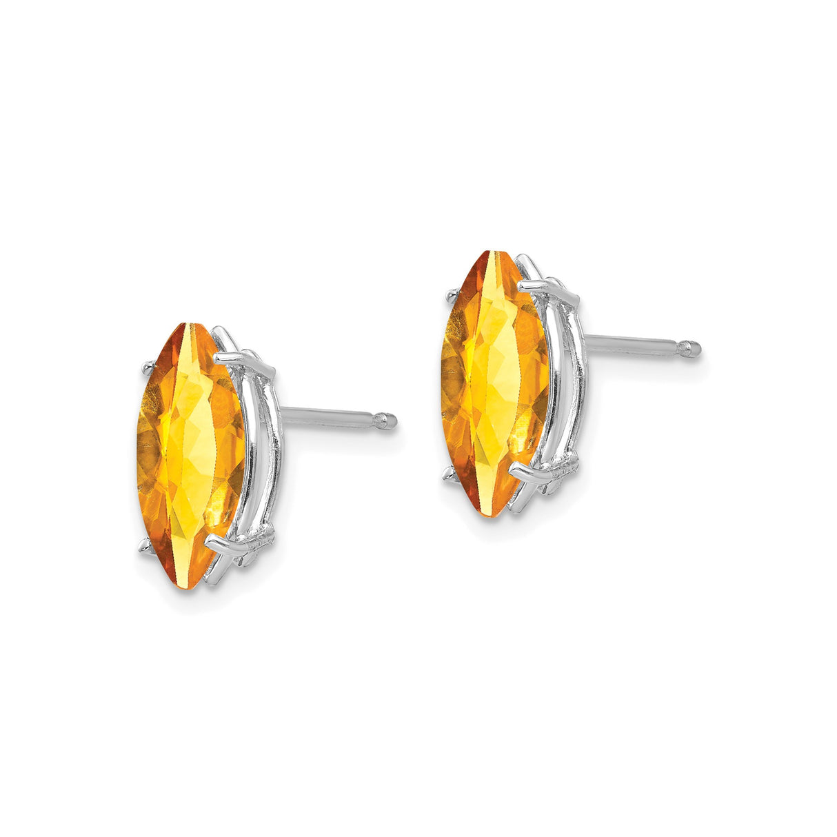 14k White Gold Citrine Marquise Stud Earrings, Four Prong Setting, Modern Minimalist Style