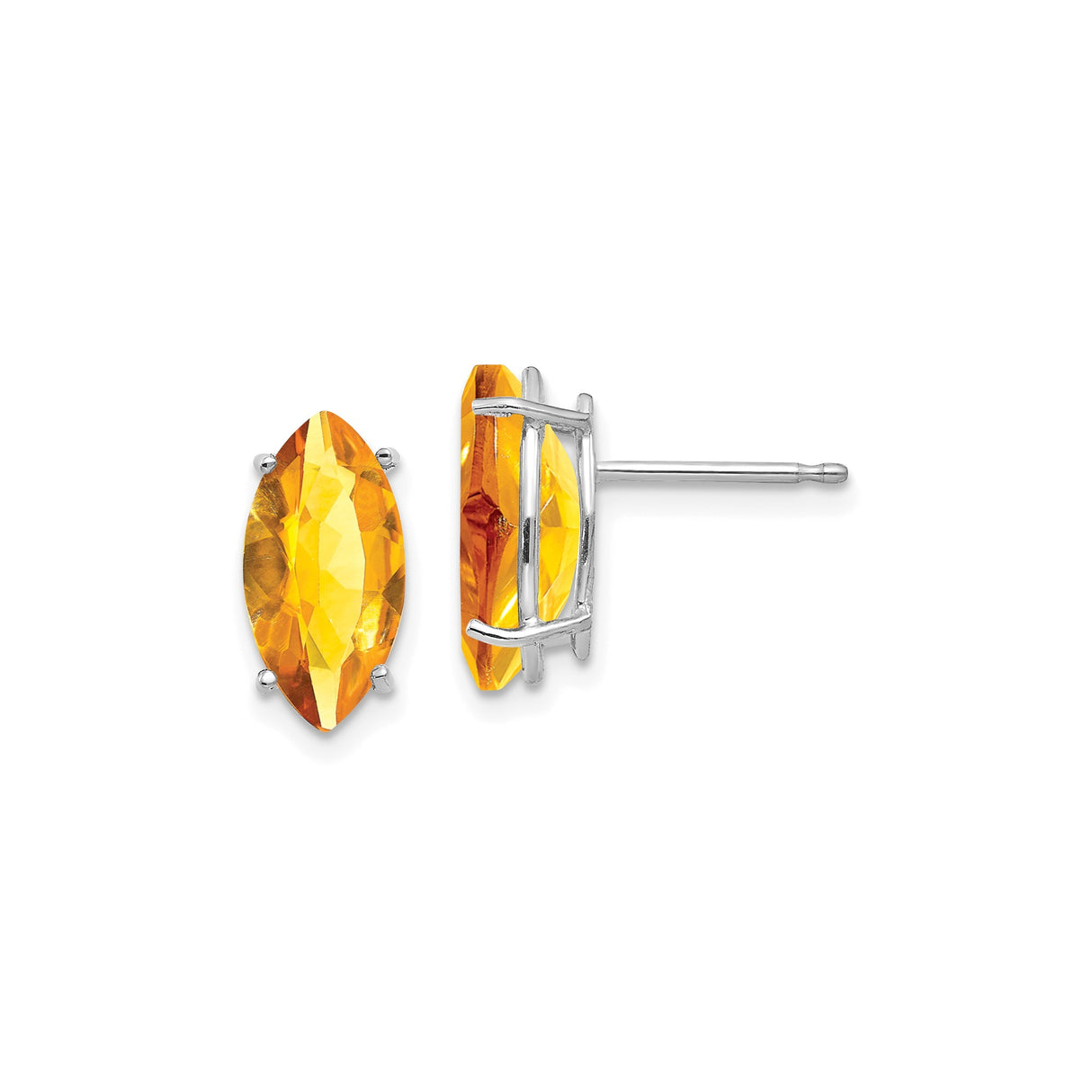14k White Gold Citrine Marquise Stud Earrings, Four Prong Setting, Modern Minimalist Style