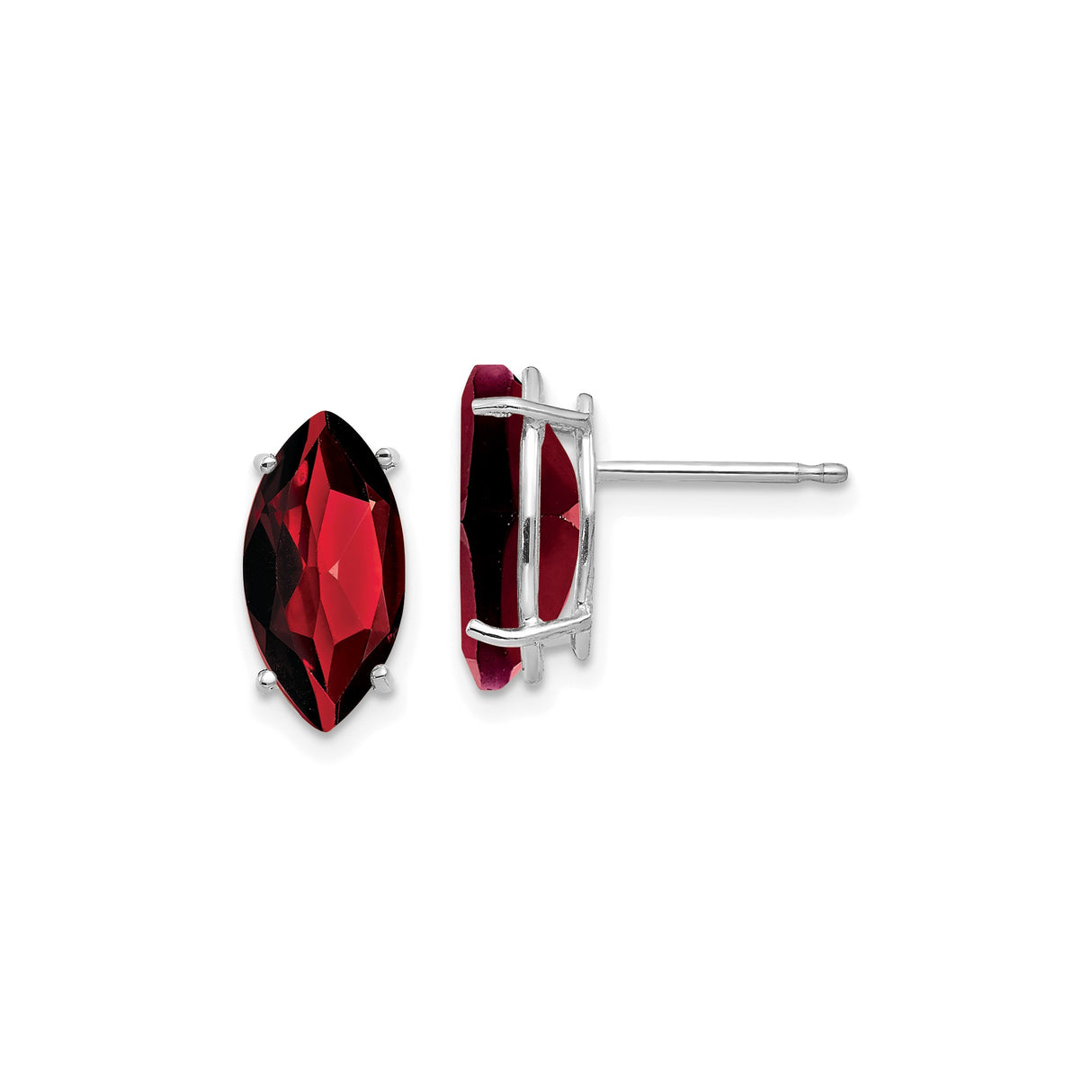 14k White Gold Garnet Stud Earrings, Marquise Cut Prong Set January Birthstone Jewelry