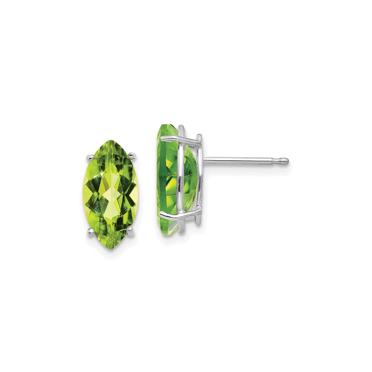 14k White Gold Marquise Peridot Stud Earrings, Minimalist Prong Setting for Women