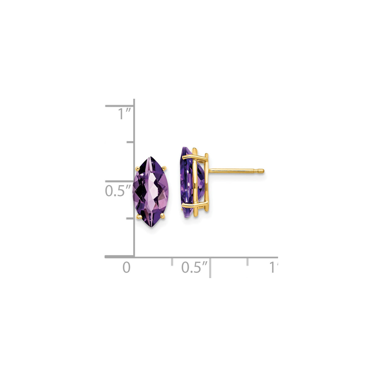 14k Yellow Gold Amethyst Stud Earrings, Marquise Cut Purple Gemstone in Prong Setting