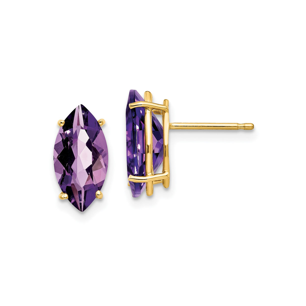 14k Yellow Gold Amethyst Stud Earrings, Marquise Cut Purple Gemstone in Prong Setting