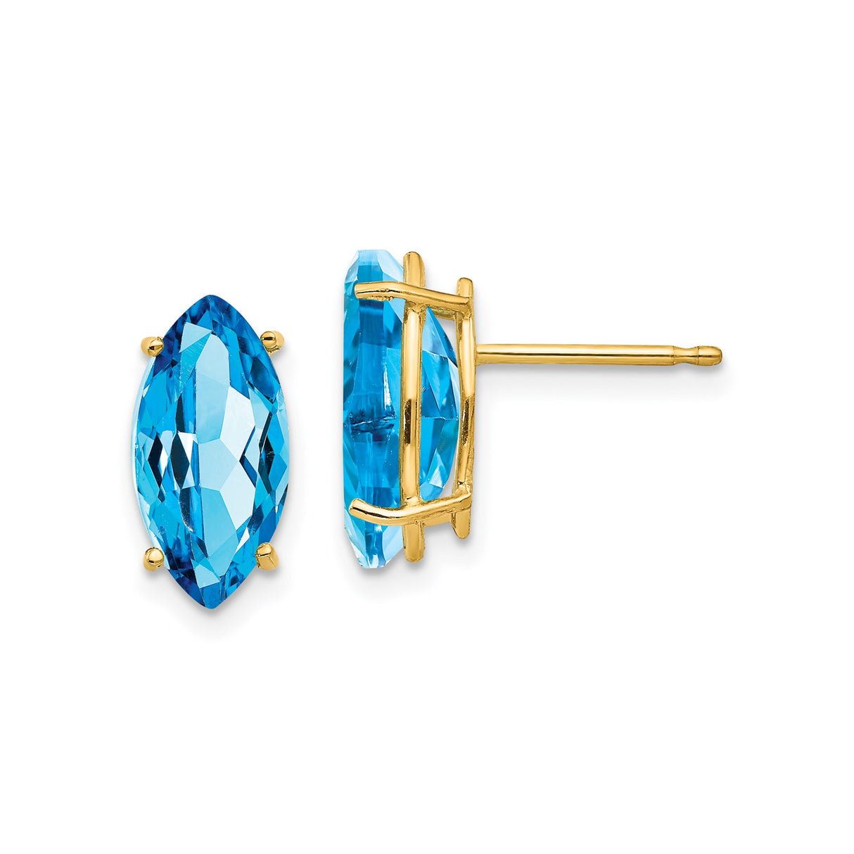 14k Yellow Gold Blue Topaz Marquise Stud Earrings, Minimalist Polished Design for Women