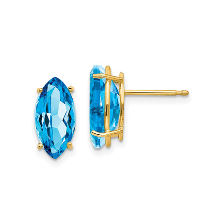 14k Yellow Gold Blue Topaz Marquise Stud Earrings, Minimalist Polished Design for Women