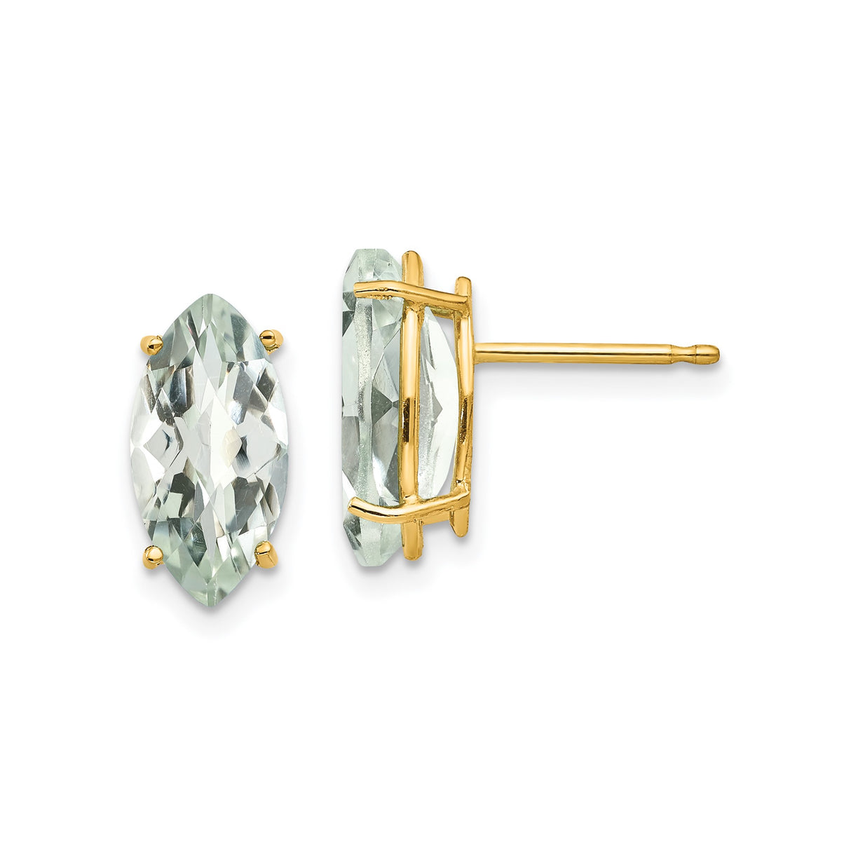 14k Yellow Gold Stud Earrings with Marquise Cut Green Amethyst in Four Prong Setting