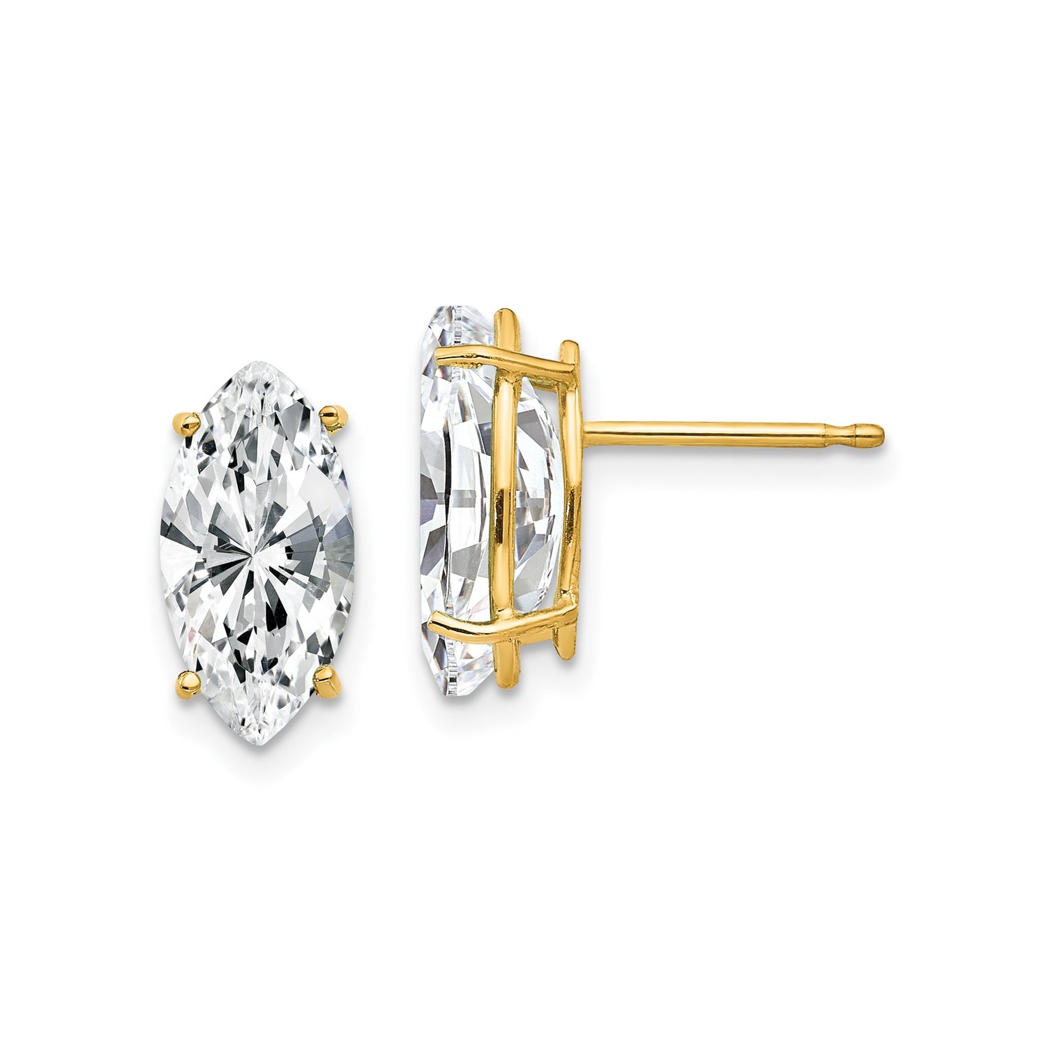 14k Yellow Gold Marquise Stud Earrings with Clear Cubic Zirconia, Minimalist Design for Women