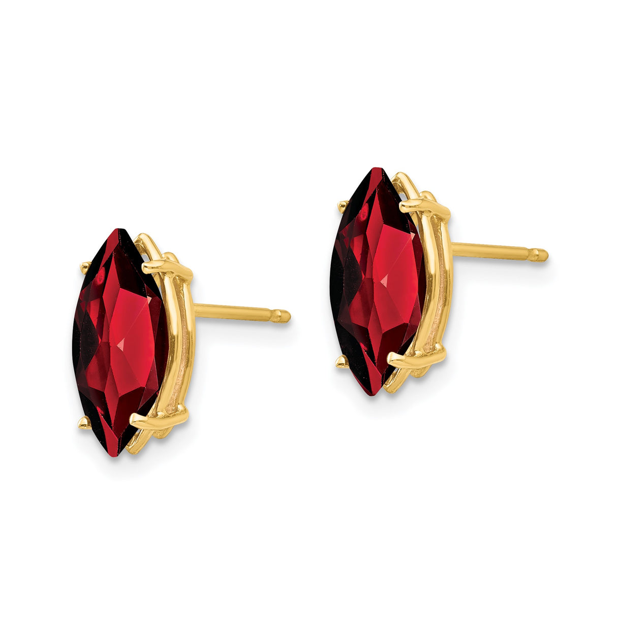 14k Yellow Gold Garnet Stud Earrings, Marquise Cut, Four Prong Setting, January Birthstone Jewelry