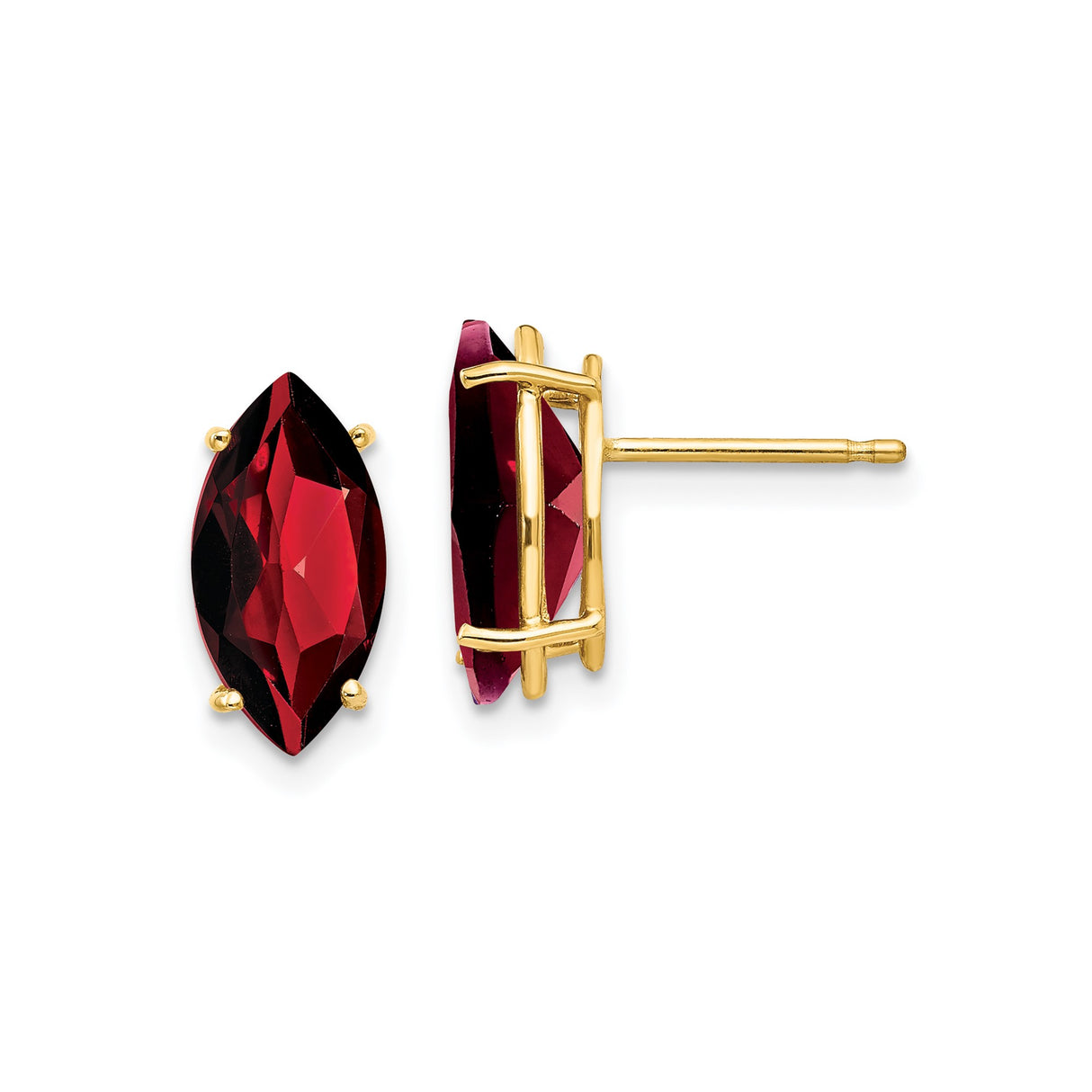 14k Yellow Gold Garnet Stud Earrings, Marquise Cut, Four Prong Setting, January Birthstone Jewelry