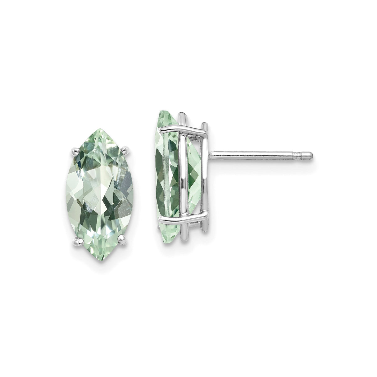 14k White Gold Marquise Green Amethyst Stud Earrings, Prong Set Minimalist Style