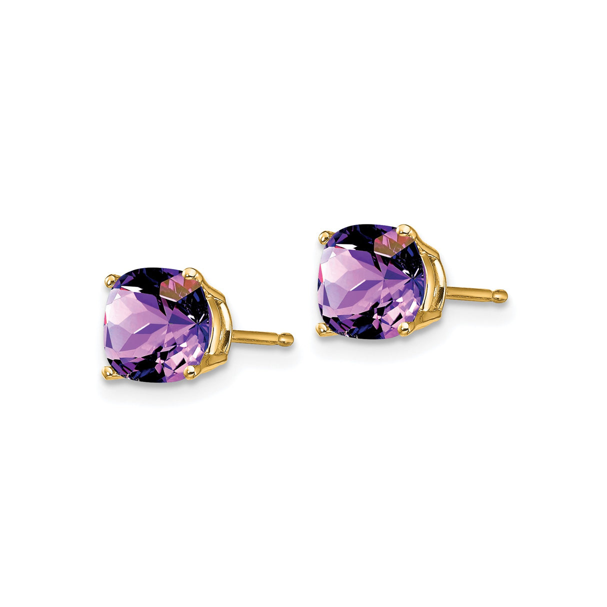 14k Yellow Gold Stud Earrings with Cushion Cut Amethyst Checkerboard Gemstones